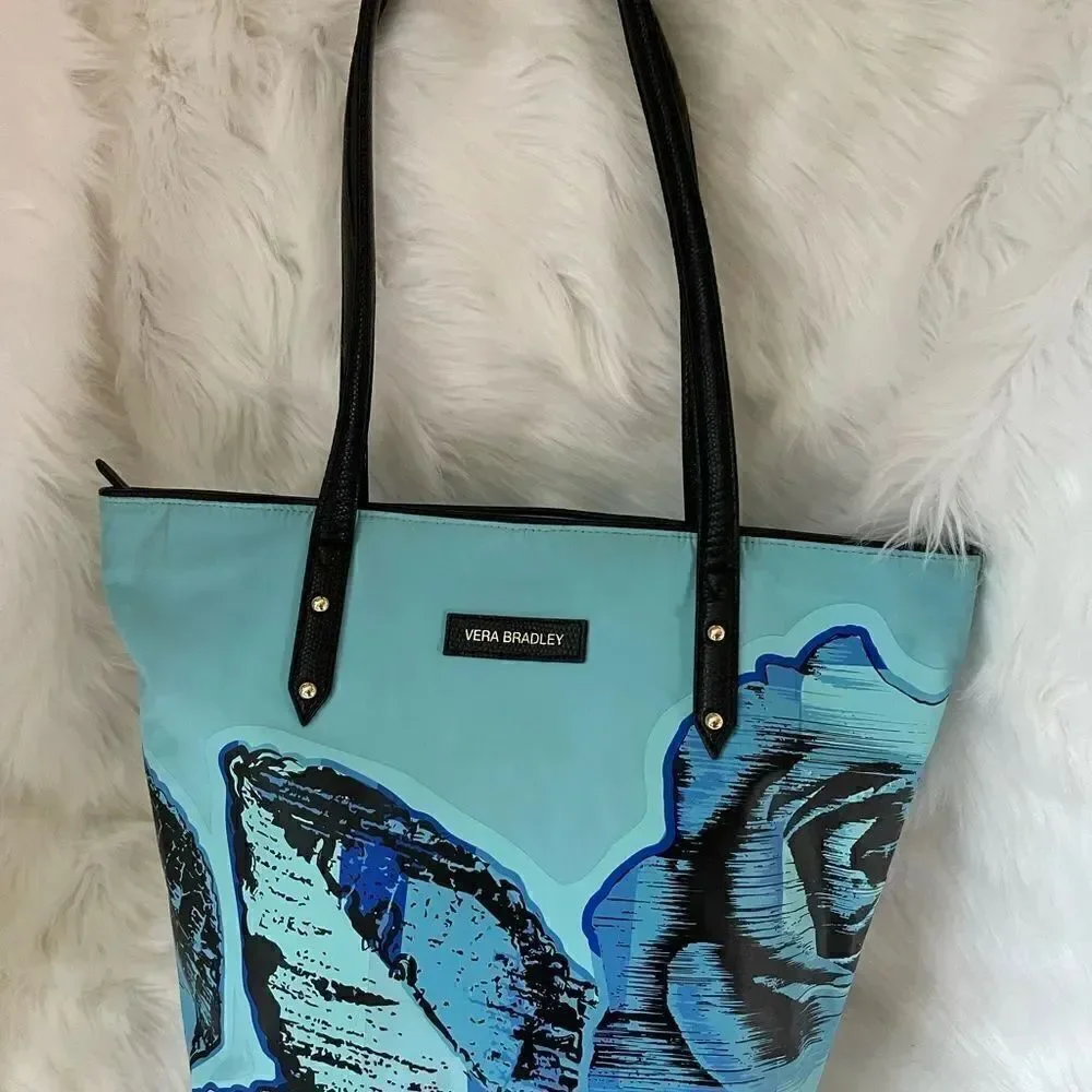 Vera Bradley blue Havana Rose Medium poly toted with black trim